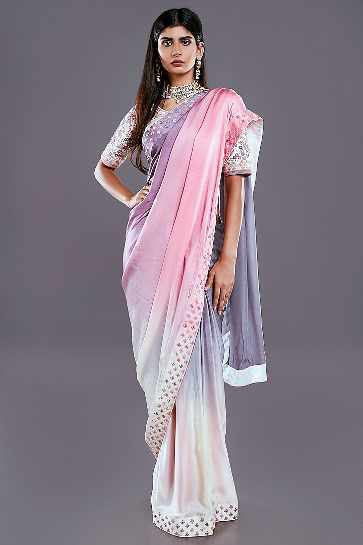 Pastel Pink Floral Printed Saree Set by Divya Kanakia