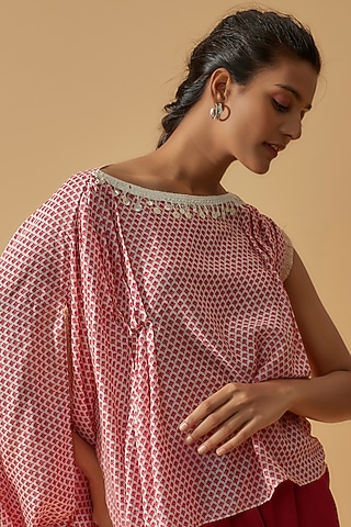 White & Red Muslin Cotton Printed Kaftan Top by Divya Kanakia