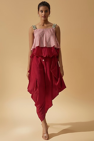 Red Crepe Silk Dhoti Set by Divya Kanakia