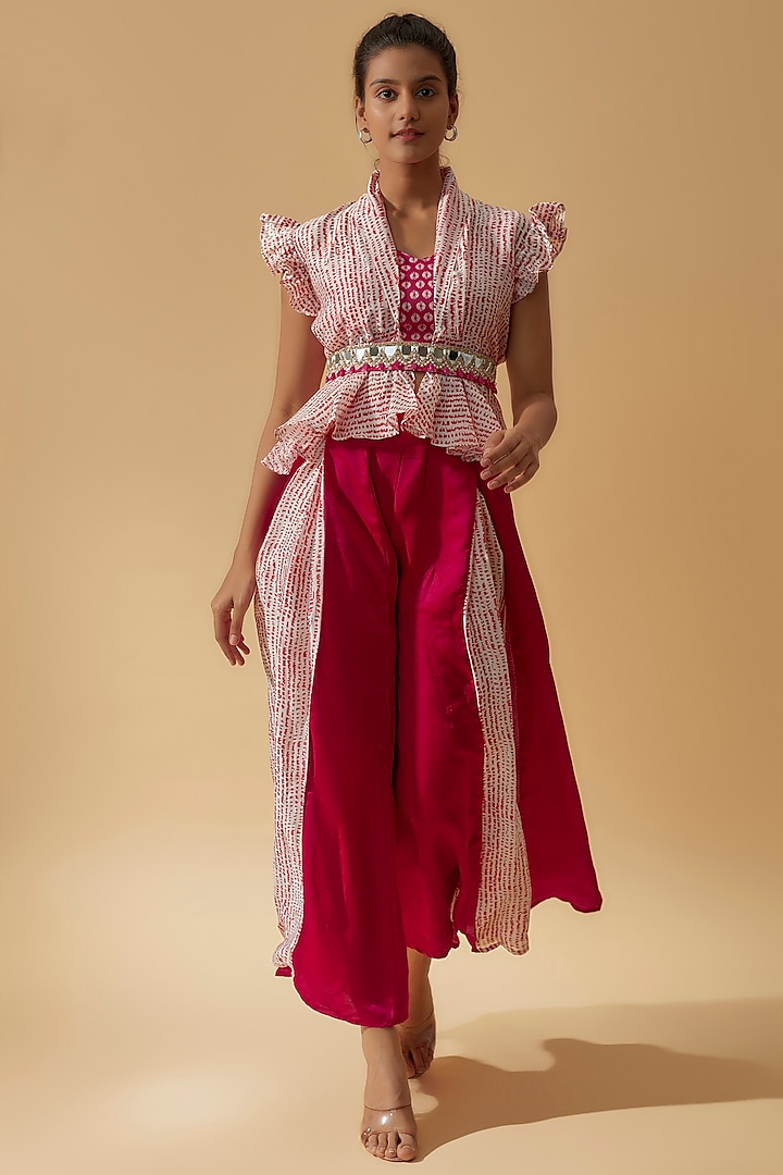 Red Modal Satin & Chanderi Cotton Palazzo Pant Set by Divya Kanakia at Pernia's Pop Up Shop