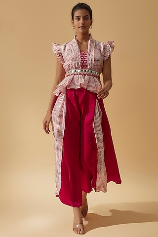Red Modal Satin & Chanderi Cotton Palazzo Pant Set by Divya Kanakia