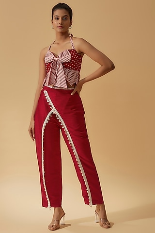 Red & Off-White Chanderi Pant Set by Divya Kanakia