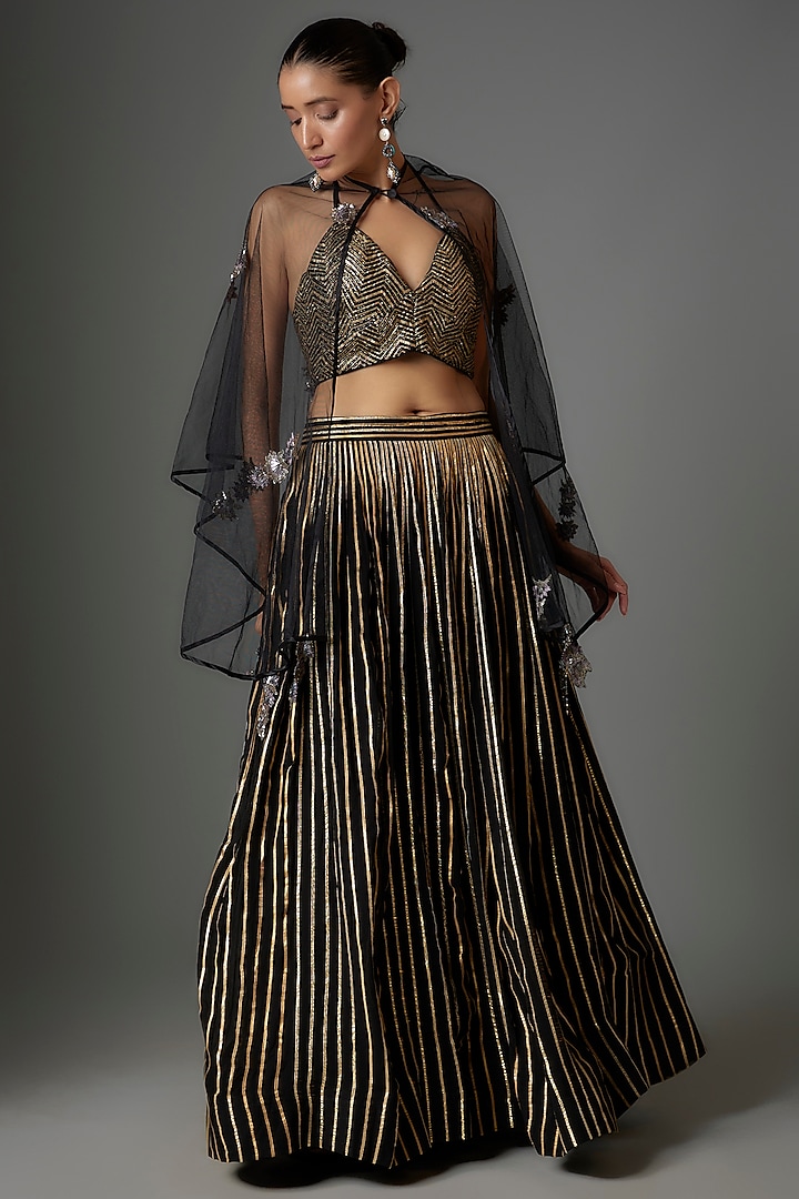 Black Georgette Sequins Embroidered Skirt Set by Divya Kanakia