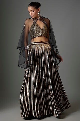 Black Georgette Sequins Embroidered Skirt Set by Divya Kanakia
