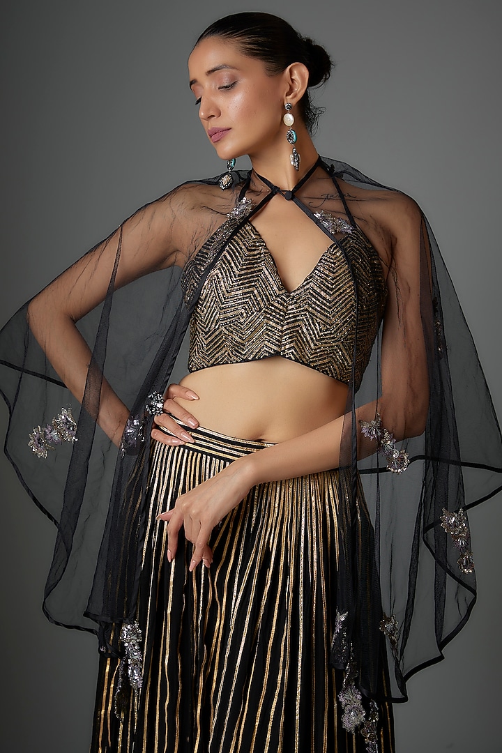 Black Georgette Sequins Embroidered Skirt Set by Divya Kanakia at Pernia's Pop Up Shop