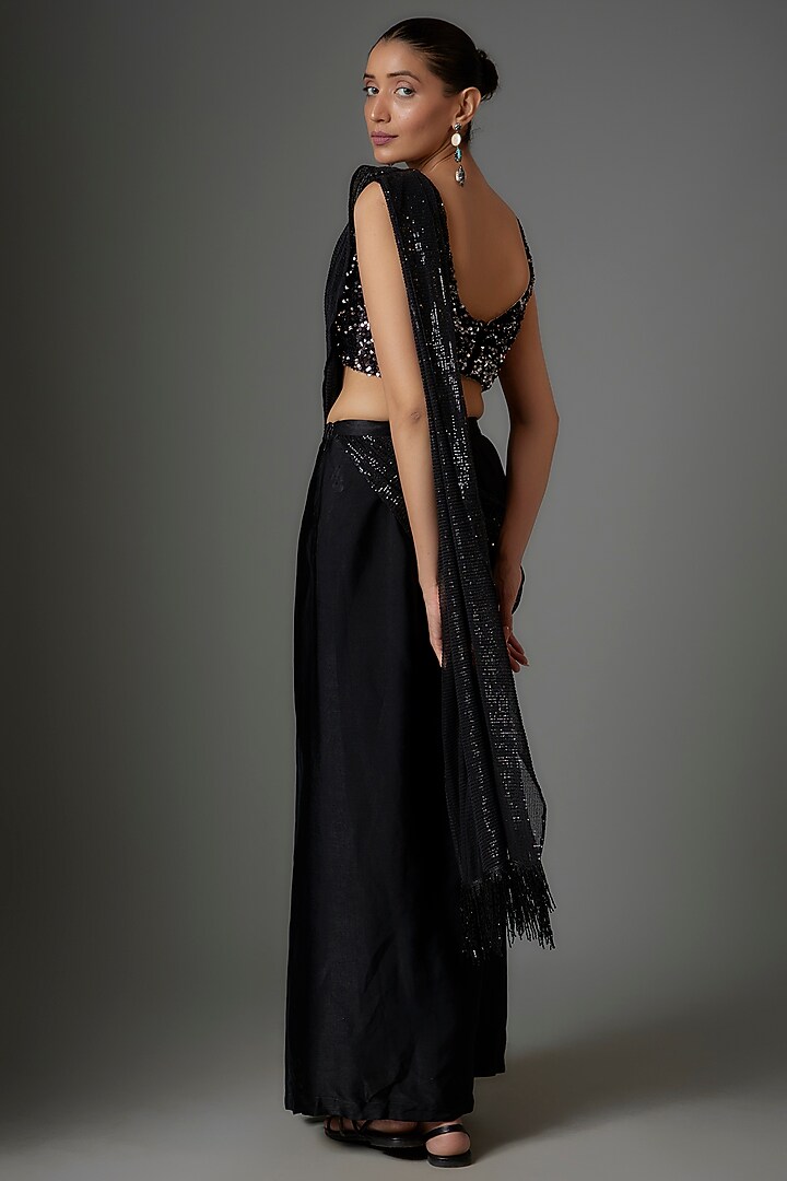 Black Suede Satin Sequin Embellished Pre-Stitched Wedding Saree Set by Divya Kanakia at Pernia's Pop Up Shop