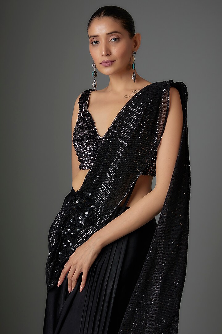 Black Suede Satin Sequin Embellished Pre-Stitched Wedding Saree Set by Divya Kanakia at Pernia's Pop Up Shop