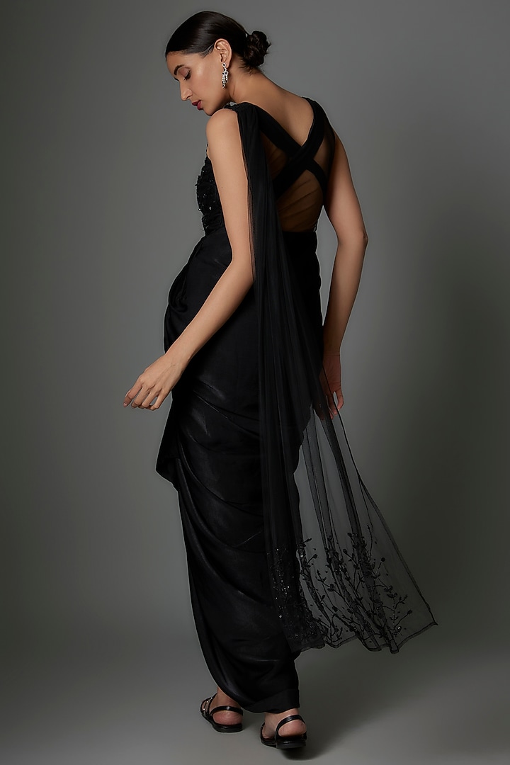 Black Satin Suede Sequins Embroidered Cowl Cocktail Dress by Divya Kanakia at Pernia's Pop Up Shop