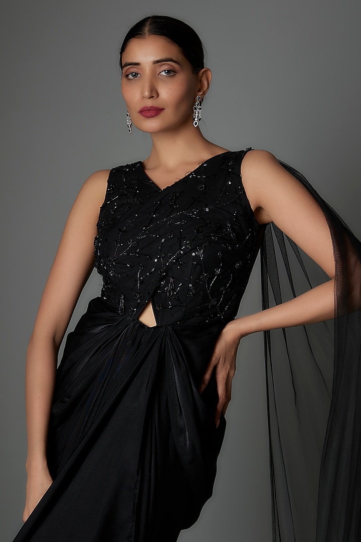 Black Satin Suede Sequins Embroidered Cowl Cocktail Dress by Divya Kanakia at Pernia's Pop Up Shop