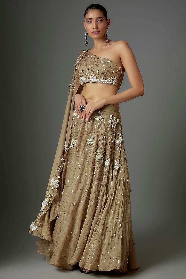 Tan Gold Shimmer Georgette Pearl Embroidered Lehenga Set by Divya Kanakia