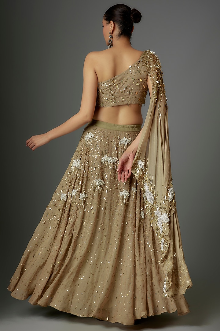 Tan Gold Shimmer Georgette Pearl Embroidered Wedding Lehenga Set by Divya Kanakia at Pernia's Pop Up Shop