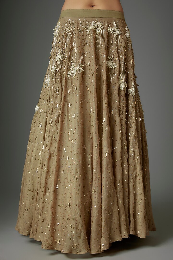 Tan Gold Shimmer Georgette Pearl Embroidered Wedding Lehenga Set by Divya Kanakia at Pernia's Pop Up Shop