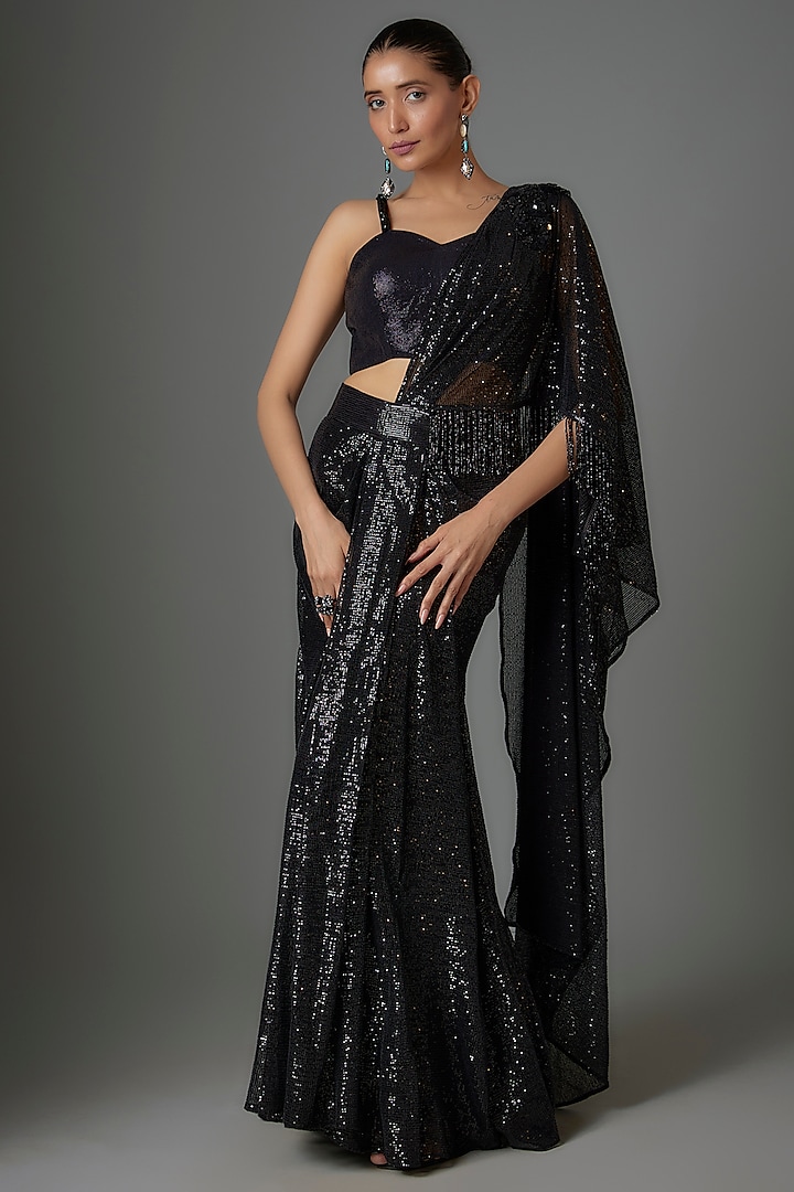 Black Sequins Georgette Embellished Pre-Stitched Saree Set by Divya Kanakia