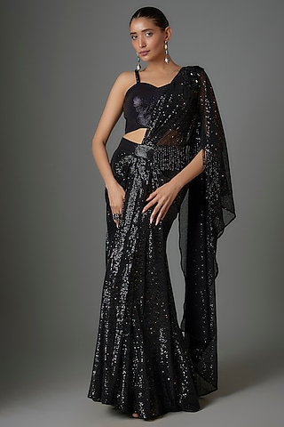 Black Sequins Georgette Embellished Pre-Stitched Saree Set by Divya Kanakia