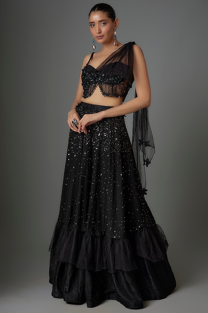 Black Georgette Sequins Embroidered Layered Wedding Lehenga Set by Divya Kanakia at Pernia's Pop Up Shop