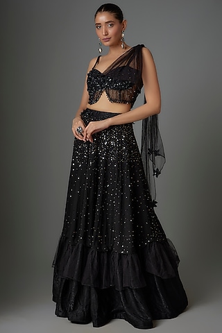 Black Georgette Sequins Embroidered Layered Lehenga Set by Divya Kanakia
