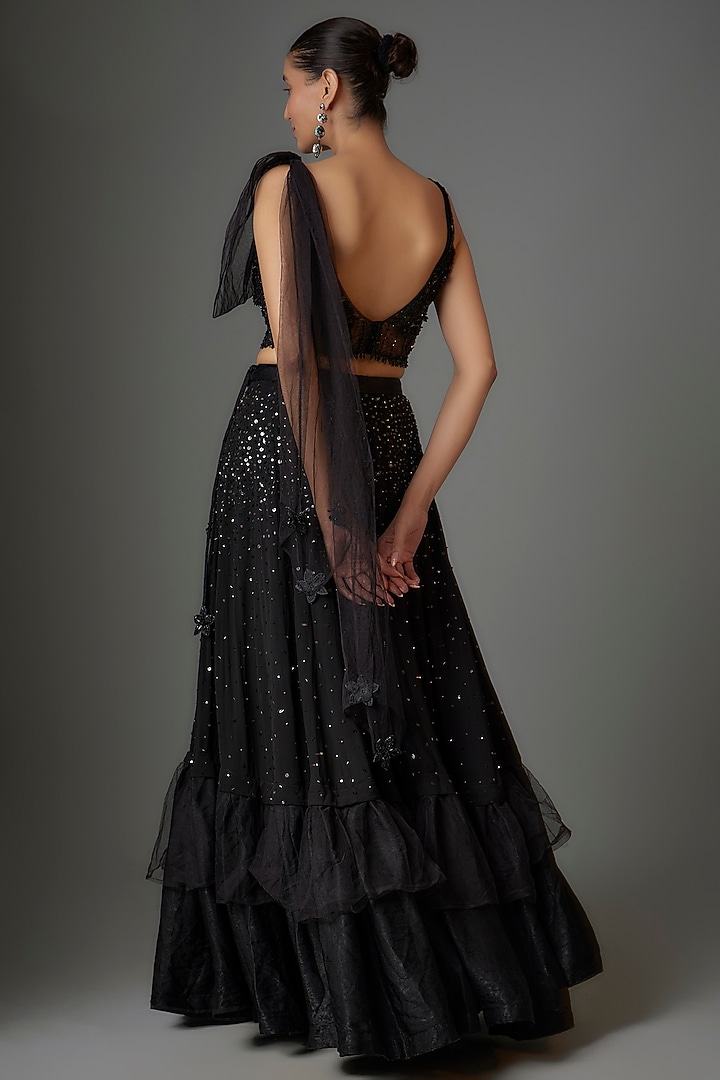 Black Georgette Sequins Embroidered Layered Wedding Lehenga Set by Divya Kanakia at Pernia's Pop Up Shop