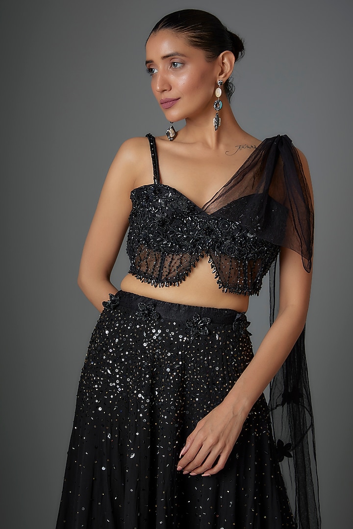 Black Georgette Sequins Embroidered Layered Wedding Lehenga Set by Divya Kanakia at Pernia's Pop Up Shop