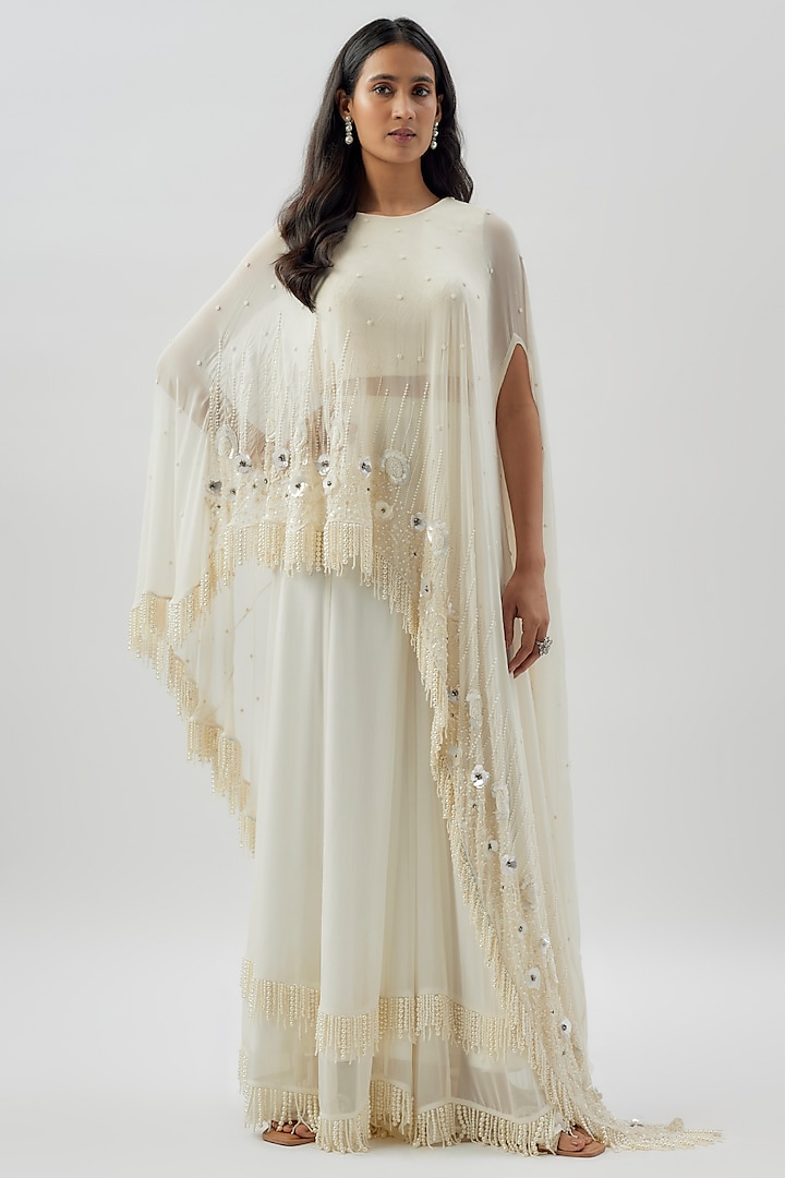 Ivory Georgette Hand Embroidered Cape Set by Divya Kanakia at Pernia's Pop Up Shop