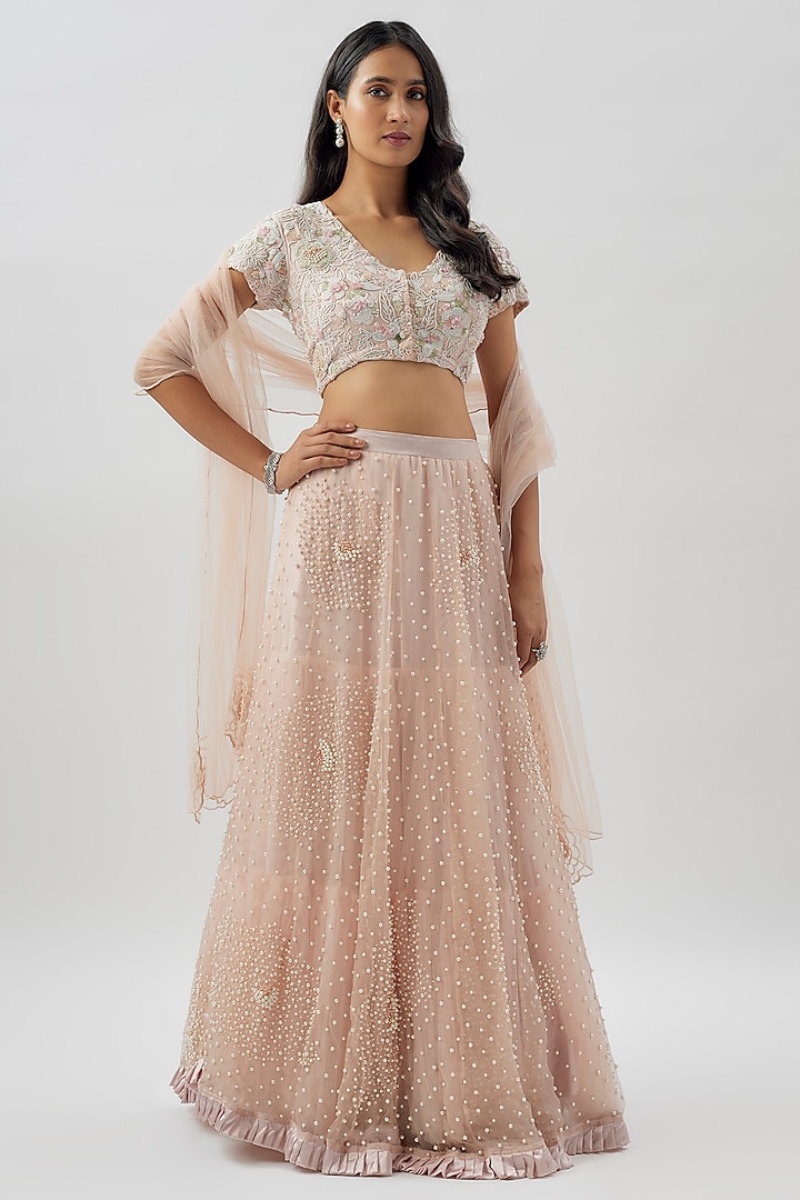 Pink Crepe Silk Hand Embroidered Wedding Lehenga Set by Divya Kanakia at Pernia's Pop Up Shop