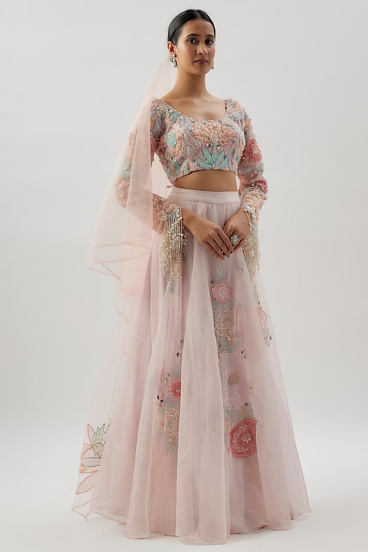 Pink Crepe Silk Hand Embroidered Wedding Lehenga Set by Divya Kanakia at Pernia's Pop Up Shop