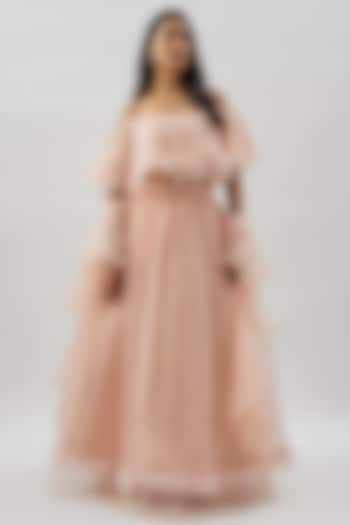 Peach Net & Textured Organza Lehenga Set by Divya Kanakia at Pernia's Pop Up Shop