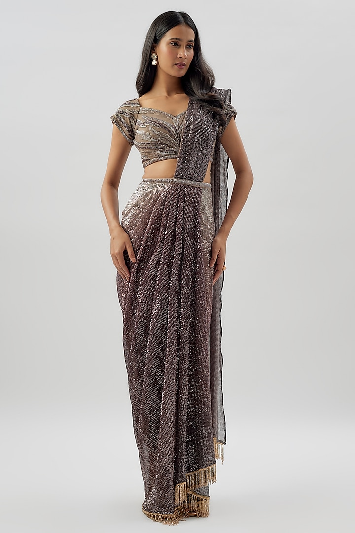 Coffee Brown Ombre Sequins Georgette Pre-Stitched Saree Set by Divya Kanakia at Pernia's Pop Up Shop