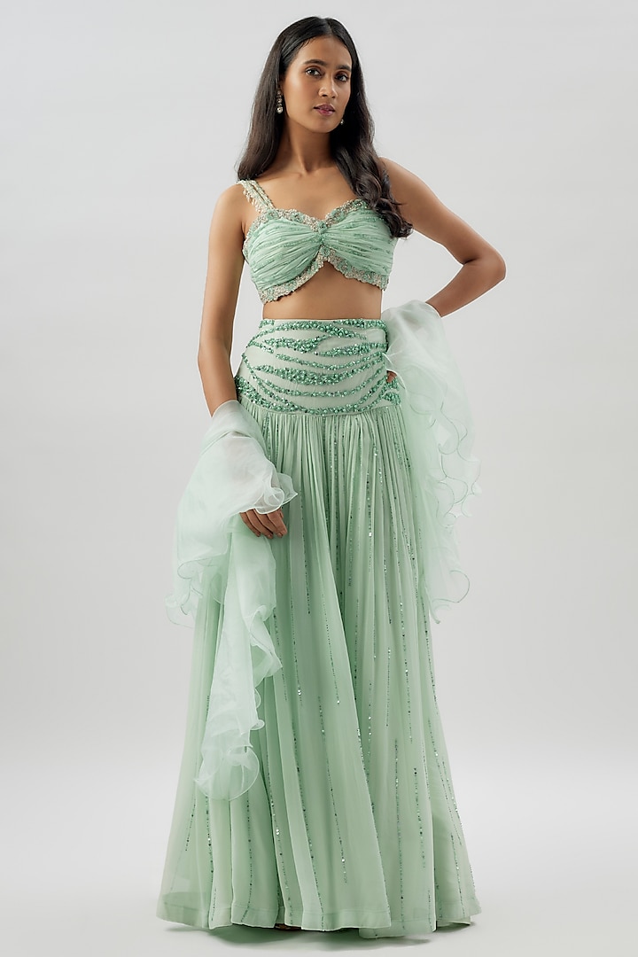 Aqua Green Georgette Hand Embroidered Wedding Lehenga Set by Divya Kanakia at Pernia's Pop Up Shop