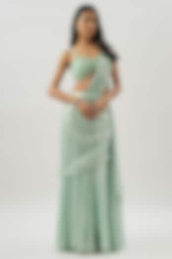 Aqua Green Shimmer Georgette Draped Lehenga Saree Set by Divya Kanakia at Pernia's Pop Up Shop