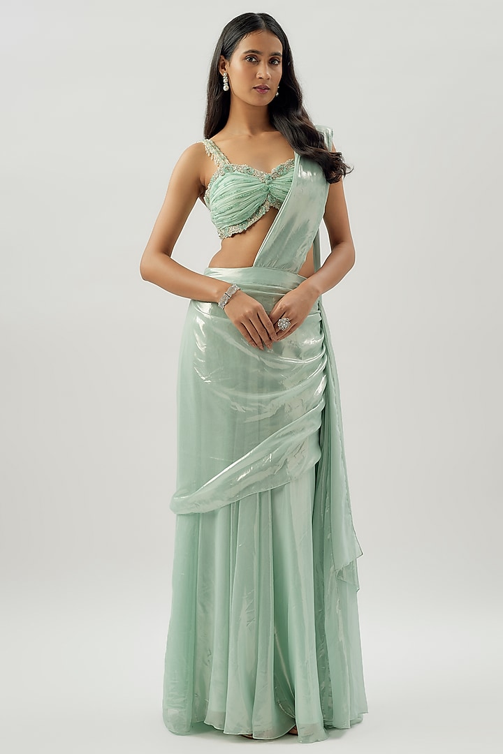 Aqua Green Shimmer Georgette Draped Lehenga Saree Set by Divya Kanakia at Pernia's Pop Up Shop