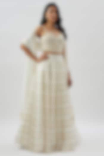 Ivory Organza Striped Wedding Lehenga Set by Divya Kanakia at Pernia's Pop Up Shop