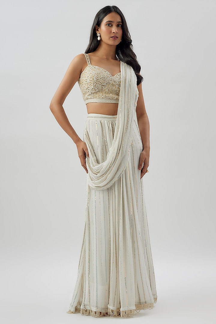 Ivory Georgette Embroidered Pre-Stitched Saree Set by Divya Kanakia at Pernia's Pop Up Shop