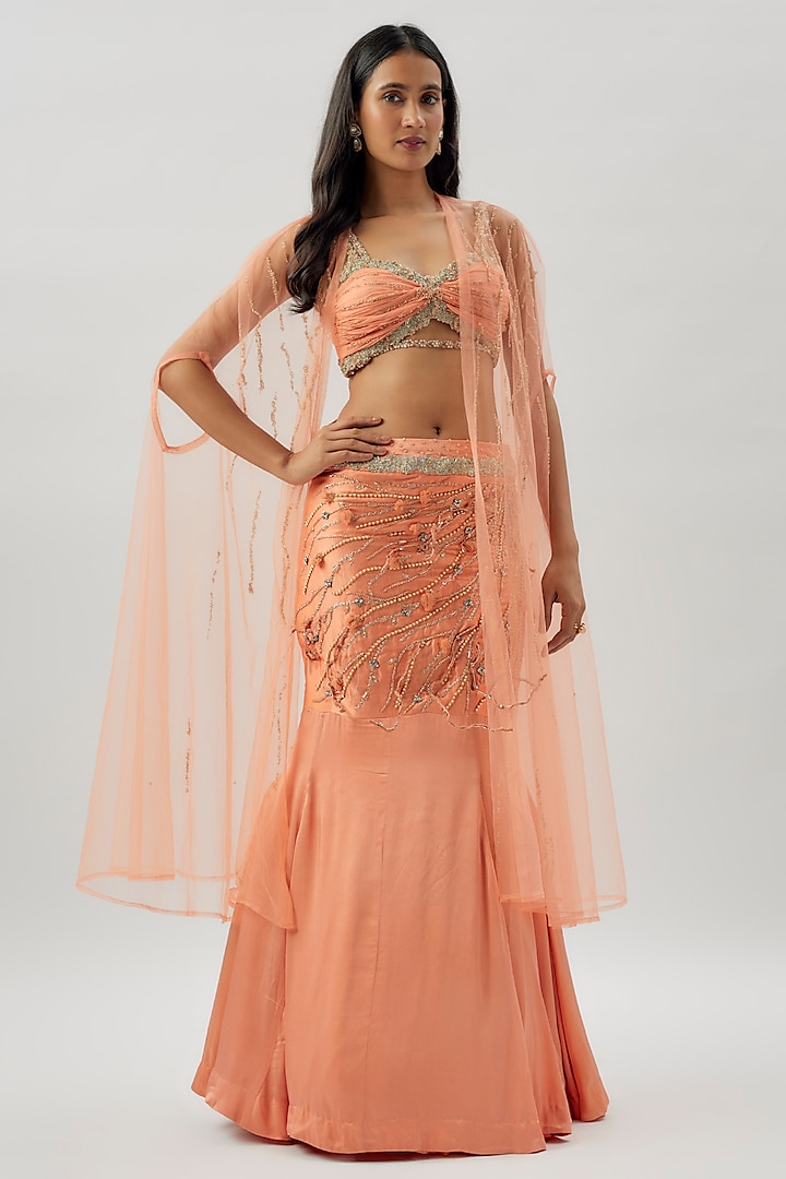 Peach Gaji Silk & Georgette Embroidered Jacket Wedding Lehenga Set by Divya Kanakia at Pernia's Pop Up Shop