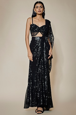 Black Sequins Georgette Embellished Pre-Stitched Saree Set by Divya Kanakia