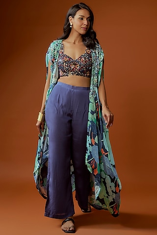 Midnight Blue Satin Printed & Pearl Embellished Cape Set by Divya Kanakia