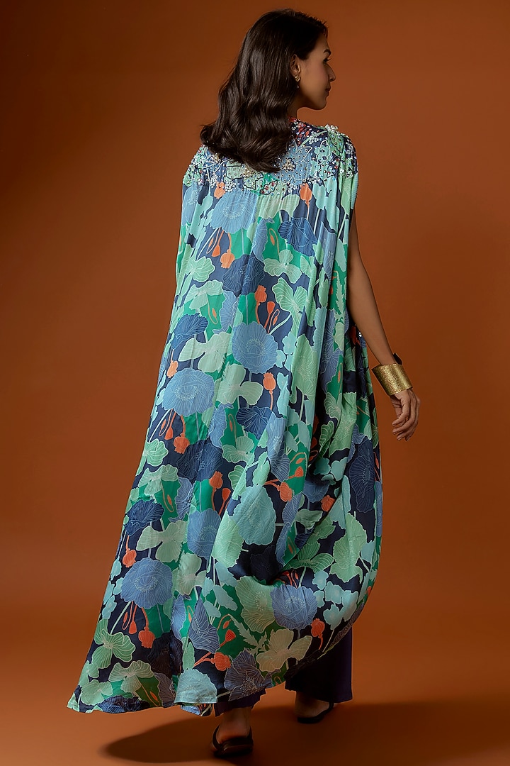 Midnight Blue Satin Printed & Pearl Embellished Cape Set by Divya Kanakia at Pernia's Pop Up Shop