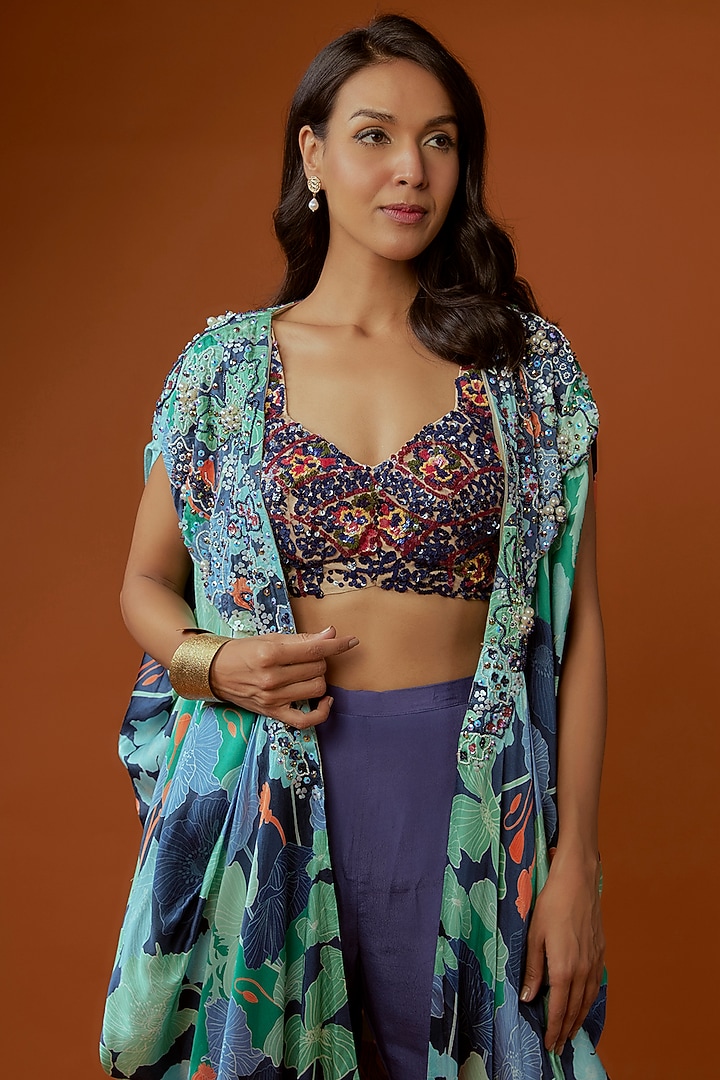Midnight Blue Satin Printed & Pearl Embellished Cape Set by Divya Kanakia at Pernia's Pop Up Shop
