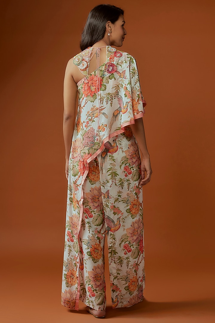 Off-White Sequins Net Printed & Embroidered One-Shoulder Jumpsuit With Cape by Divya Kanakia at Pernia's Pop Up Shop