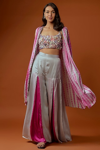 Rani Pink & Grey Cotton Satin Paneled Sharara Set by Divya Kanakia