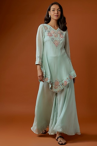 Mint Green Organza Satin Embroidered Asymmetric Kurta Set by Divya Kanakia