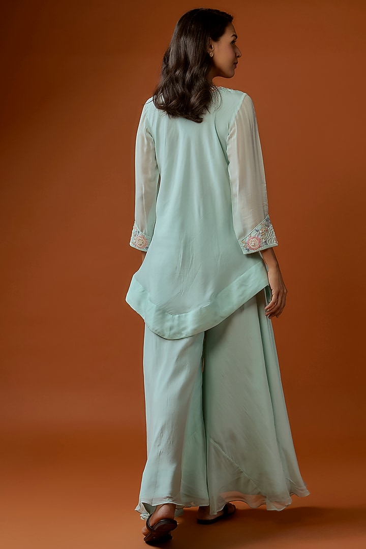 Mint Green Organza Satin Embroidered Asymmetric Kurta Set by Divya Kanakia at Pernia's Pop Up Shop