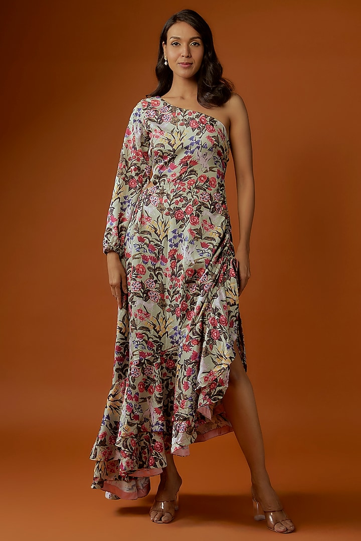 Off-White Sequins Net Floral Printed & Embroidered One-Shoulder Dress by Divya Kanakia