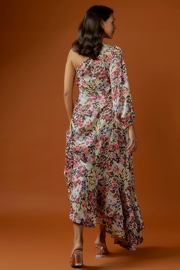 Off-White Sequins Net Floral Printed & Embroidered One-Shoulder Vacation Dress by Divya Kanakia at Pernia's Pop Up Shop