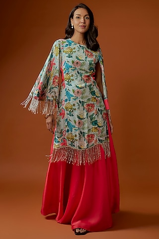 Coral Silk Box Pleated Sharara Set by Divya Kanakia