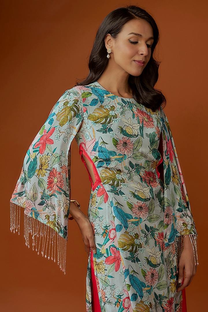 Coral Silk Box Pleated Party Wear Sharara Set by Divya Kanakia at Pernia's Pop Up Shop
