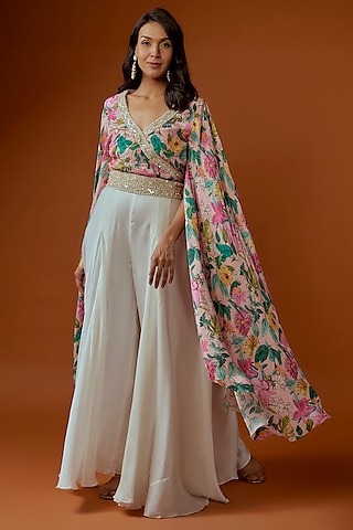 White Crushed Chinon Box Pleated Sharara Set by Divya Kanakia