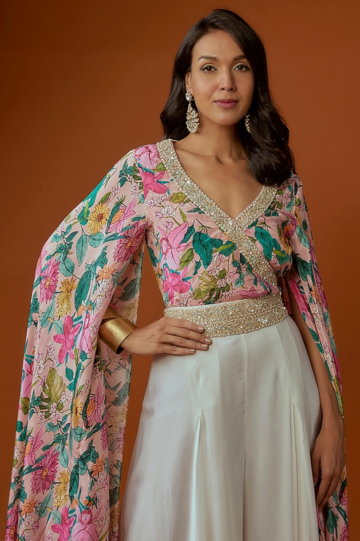 White Crushed Chinon Box Pleated Party Wear Sharara Set by Divya Kanakia at Pernia's Pop Up Shop