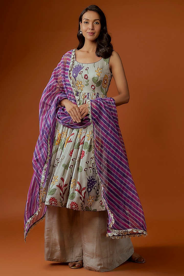Grey Silk Floral Printed & Sequins Embellished Anarkali Set by Divya Kanakia