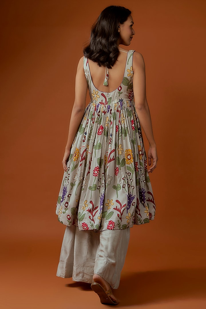 Grey Silk Floral Printed & Sequins Embellished Wedding Anarkali Set by Divya Kanakia at Pernia's Pop Up Shop