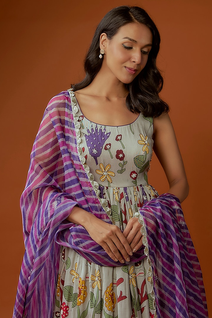 Grey Silk Floral Printed & Sequins Embellished Wedding Anarkali Set by Divya Kanakia at Pernia's Pop Up Shop